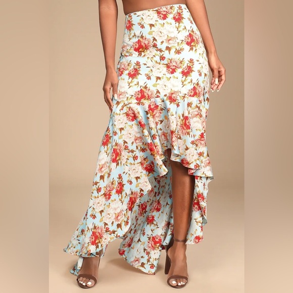Lulus Easily Enchanting Light Blue Floral Print High-low Maxi Skirt - Size XS - Picture 2 of 11